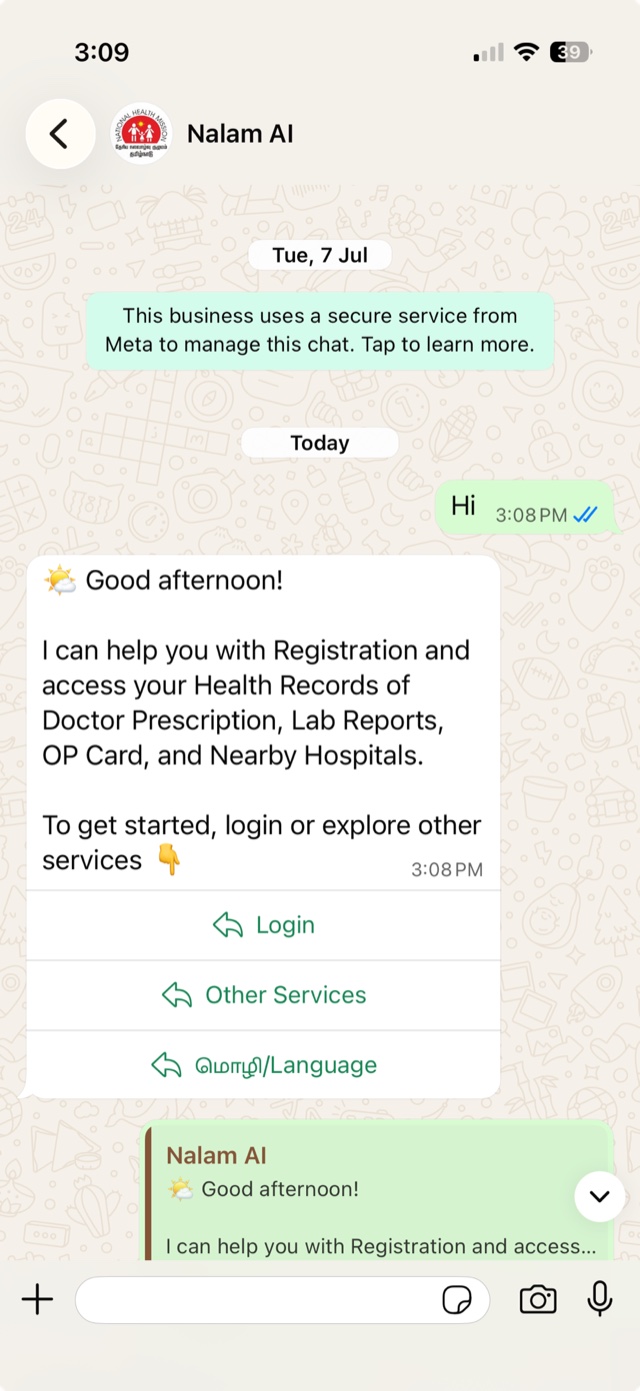 NalamAI on WhatsApp — 'Good afternoon' welcome message with Login, Other Services and Language buttons